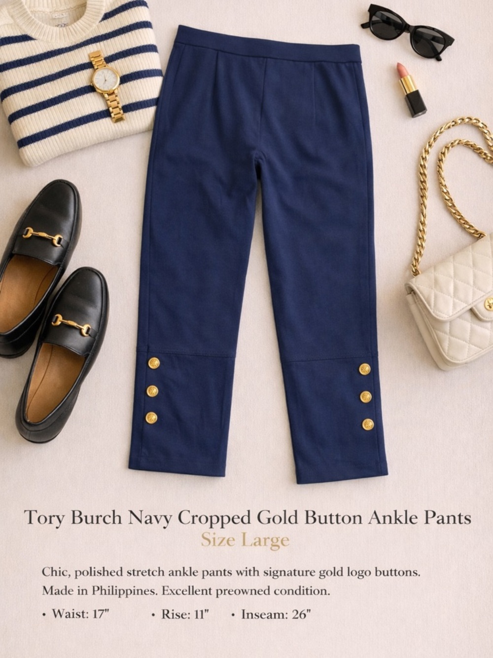 Tory Burch Navy Cropped Gold Button Ankle Pants Size Large